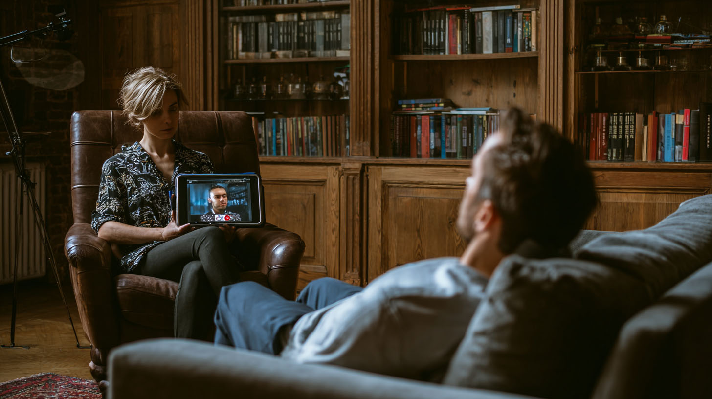 A therapist shows a tablet screen to a patient