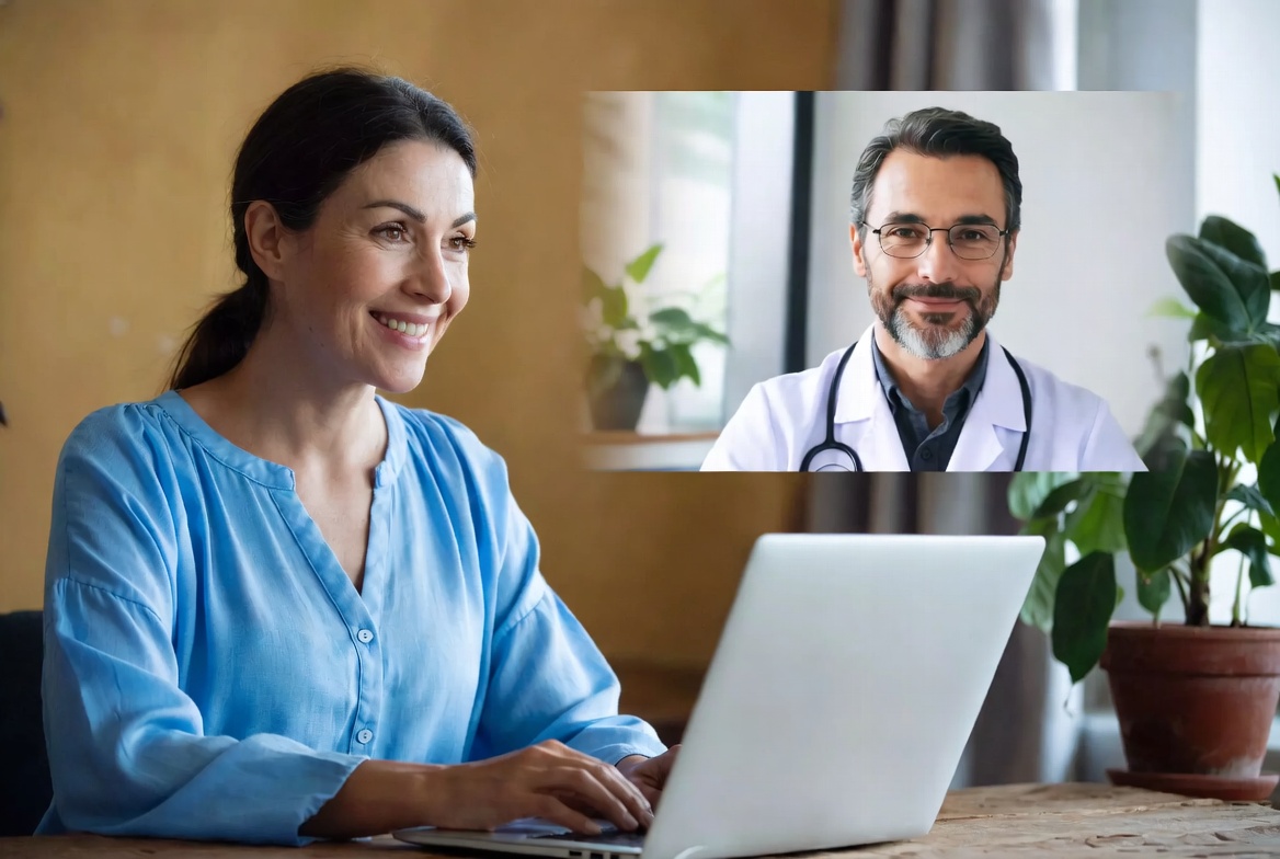 A doctor image over a laptop.
