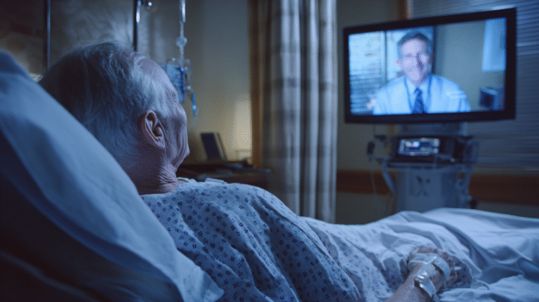 Older man in hospital bed watching doctor on tv