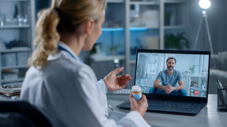 Female doctor on telemedicine call with pill bottle.