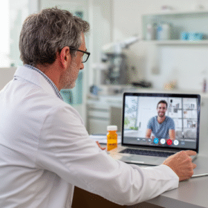 Doctor on telemedicine call with pill bottle.