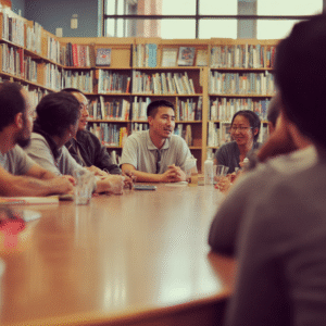 A diverse group listening to one speaker in library.