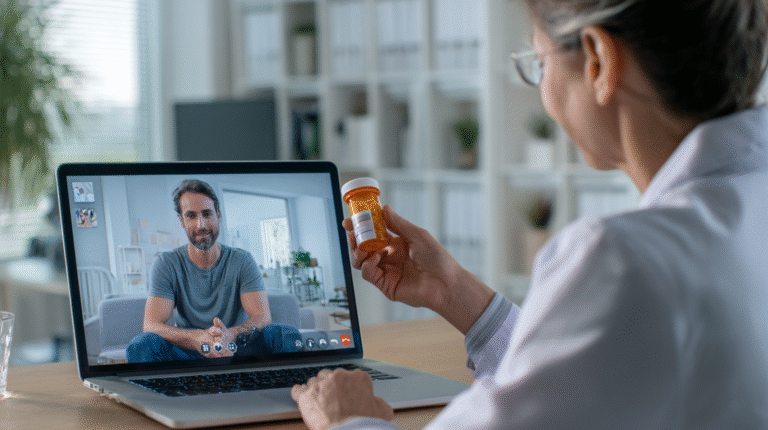 A female doctor is holding prescription in front of video call.