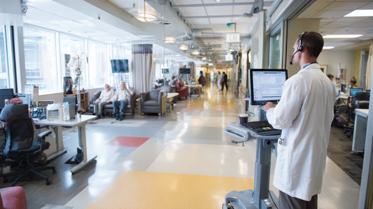 A doctor is on a headset with patients down the hallway.