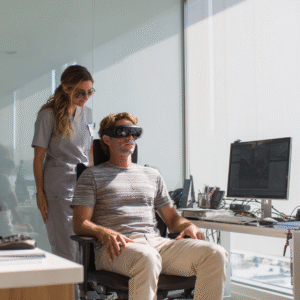 A patient is looking through 3d goggles.