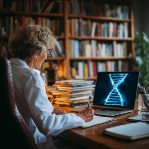 A doctor is looking at a laptop with an image of DNA.