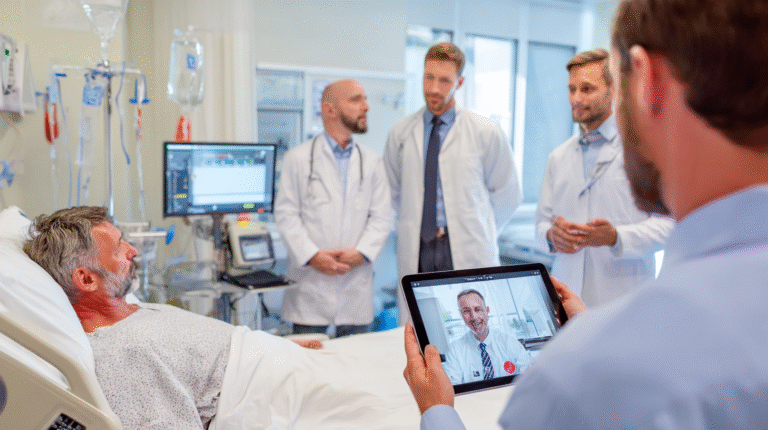A doctor is on a video call on a tablet in hospital room.