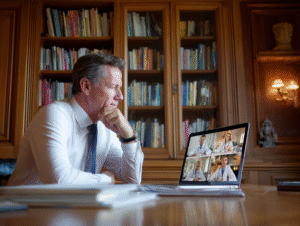 A doctor is in his office on a video conference.