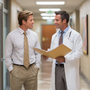 A doctor and man in shirt and tie are talking while holding papers.