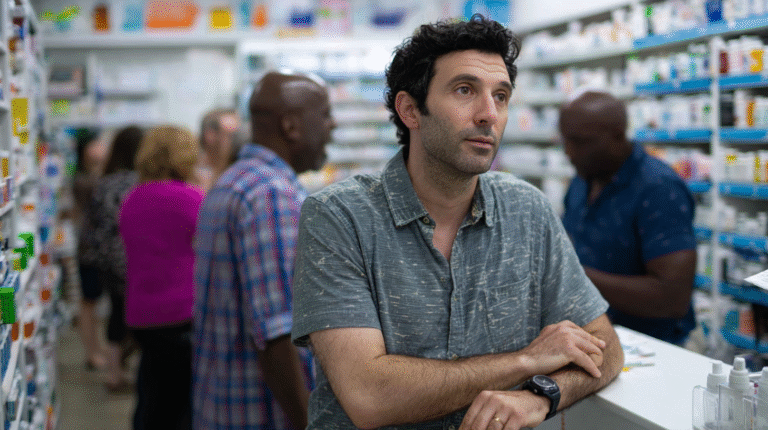 A man is standing at a pharmacy waiting for service.