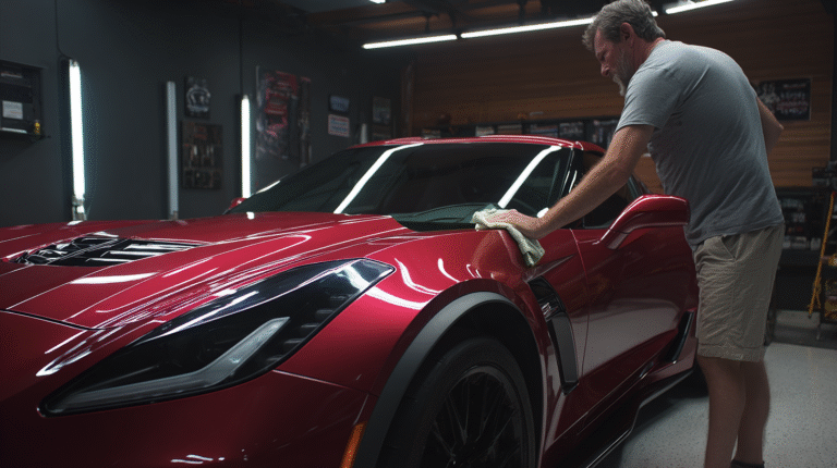Middle aged man polishing sports car