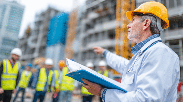 A doctor is pointing at buildings as construction workers stand by.