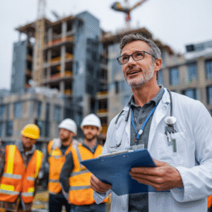 A doctor is examining a chart as construction goes on behind him.
