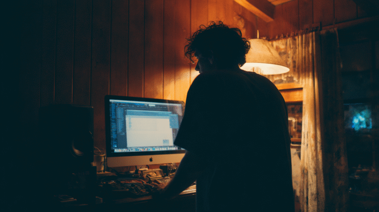 A man standing and typing on his computer in dark.