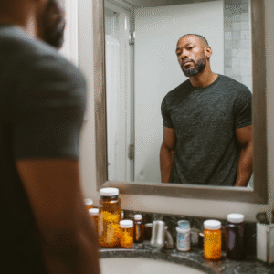 A man is in his bathroom looking at pill bottles in a mirror.