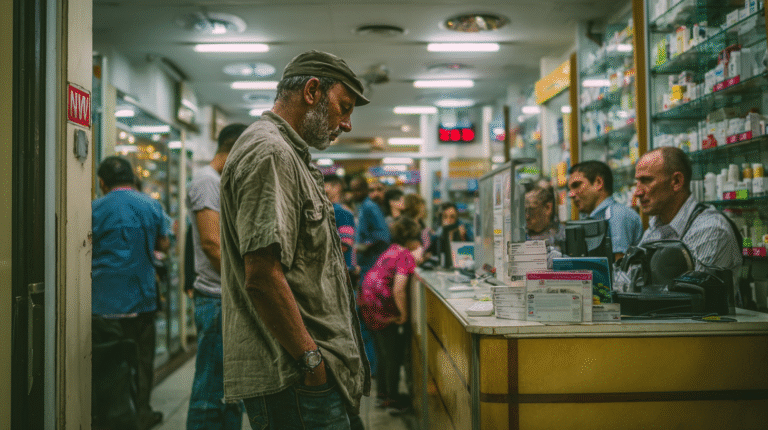 A downtrodden man at pharmacy.