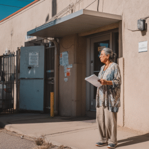 A woman in ragged clothes outside a run down building.