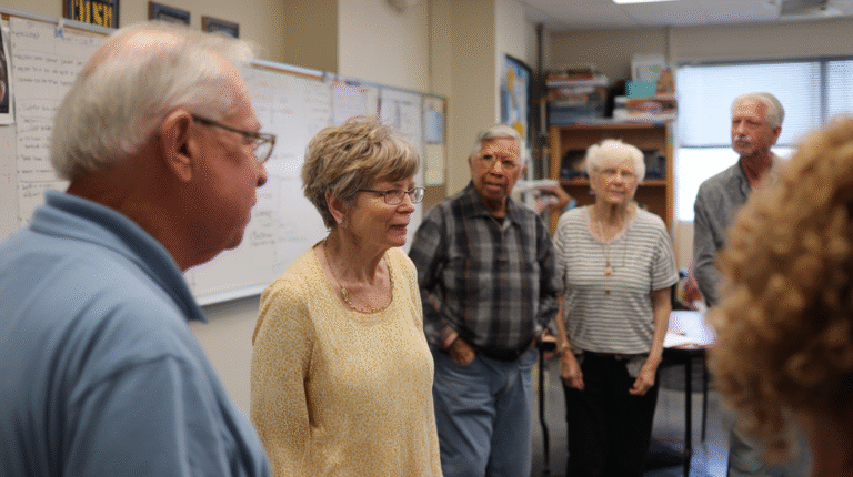 A group of seniors in a classroom talking to one another.