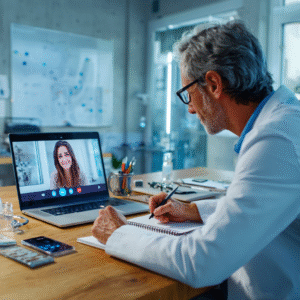 A male doctor in a telemedicine appointment from his office.