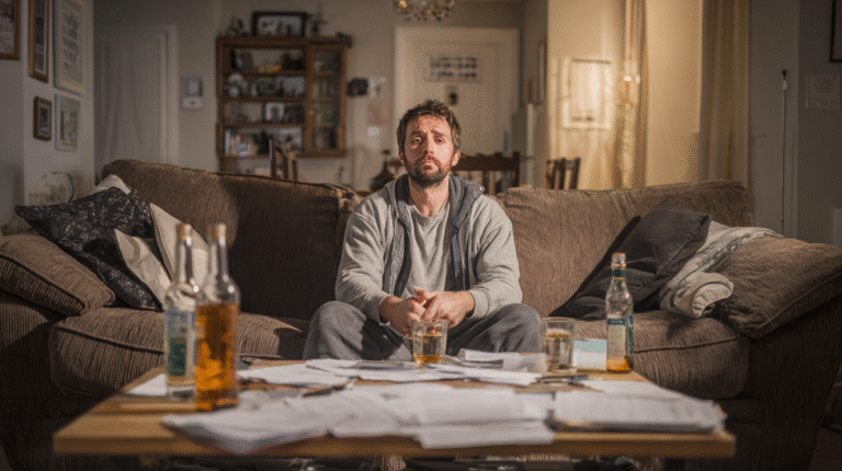 A man surrounded by alcohol in living room.