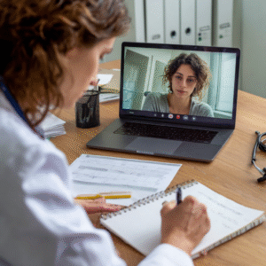 A doctor on a videoconference with a patient.