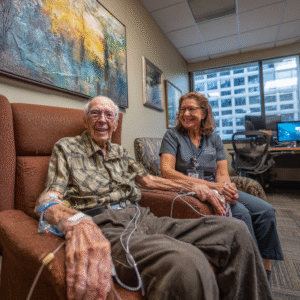 An old man is in a room with a nurse