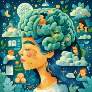 A brain with various images around it stylized.