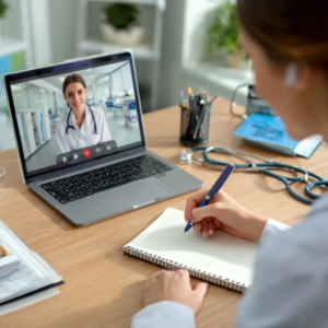 Two doctors are talking on a videoconference.