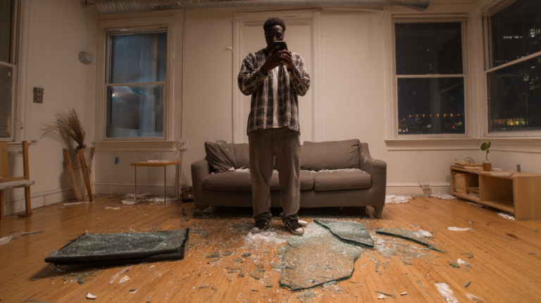 A man recording himself with a broken tv on floor.