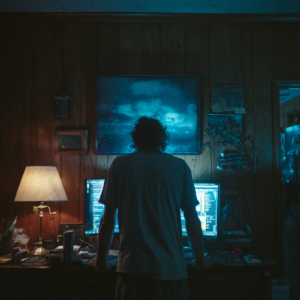 A man standing in front of his computer frustrated.