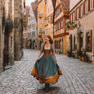 A woman is dressed traditionally walking down a cobblestone street.