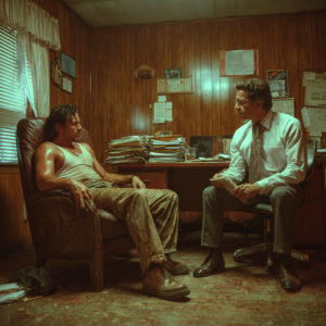 A doctor in a messy room speaks to a poorly dressed man.