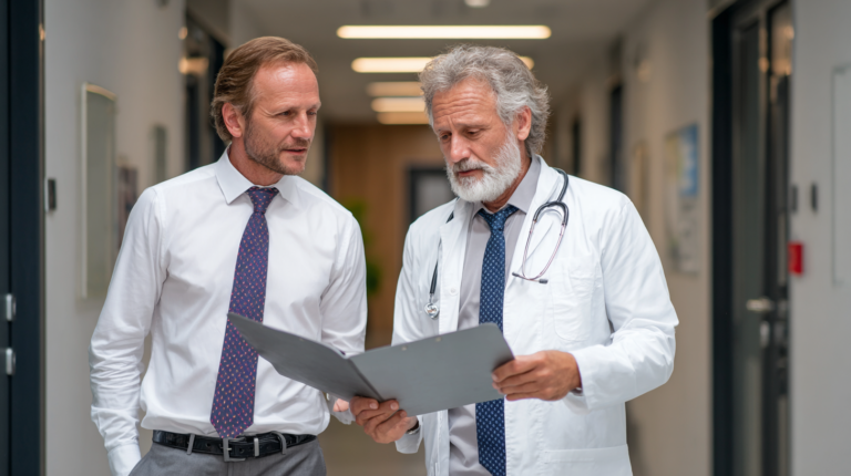 An executive is speaking with a doctor holding a folder.