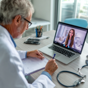 A doctor taking notes during a telemedicine visit.