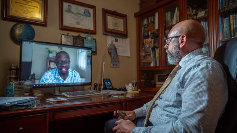 A doctor talking to a man in a collared shirt over videoconference.