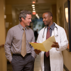 A CEO and doctor are talking in a hallway.