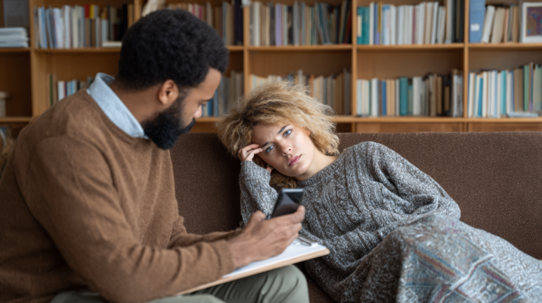 A woman is looking at a video call on a cell phone while lying on a couch.