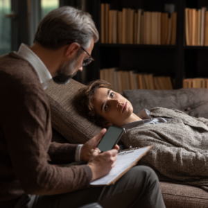 A psychologist is taking notes and looking at a cell phone while speaking to a woman on a couch.