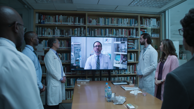A group of doctors looking at a screen with a man in and a shirt and tie on it.