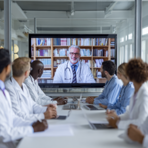 A medical director meeting with an on site hospital team via videoconference.
