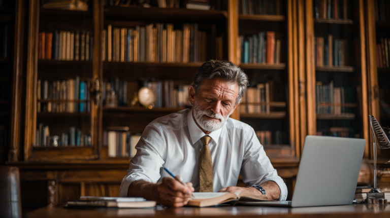 A man is reading through a book taking notes in front of a laptop.