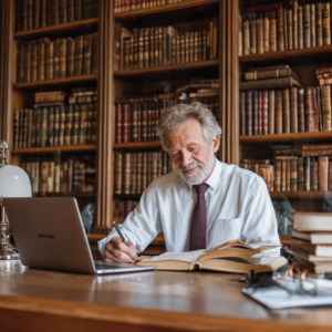 A man is sitting at a desk looking at a book and laptop.