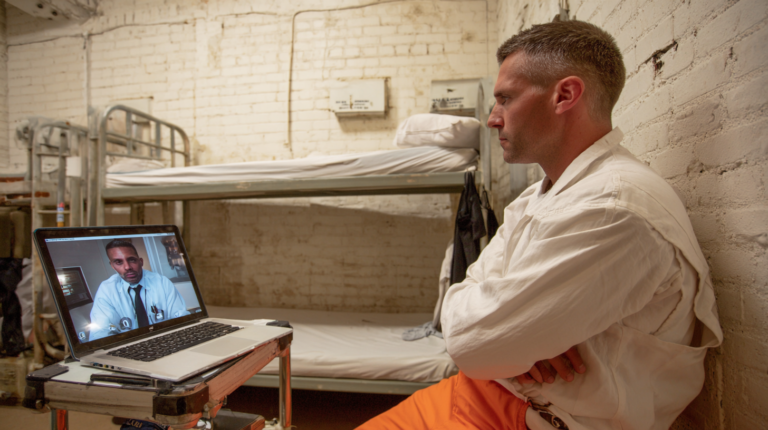 A prisoner in a straight jacket seeing a doctor over laptop.