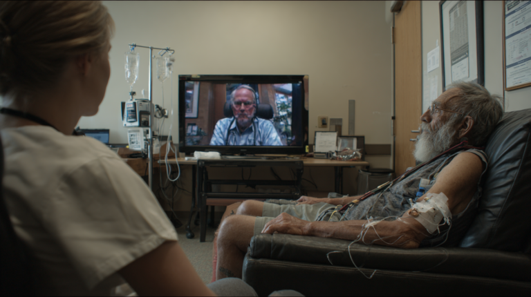 A man and a nurse are watching a doctor speaking on TV.