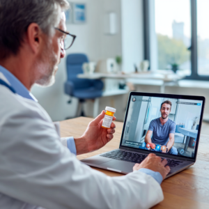 A doctor holding up a medication bottle in front of videoconference.