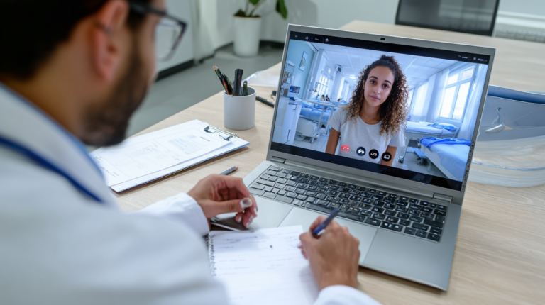 A doctor meeting with a patient who is in hospital over telemedicine.