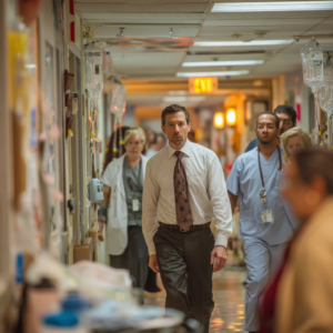 A man in a shirt and tie walking down a messy hallway.