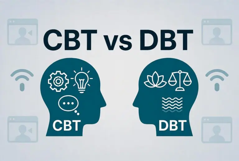 Two heads looking at one another comparing CBT and DBT.