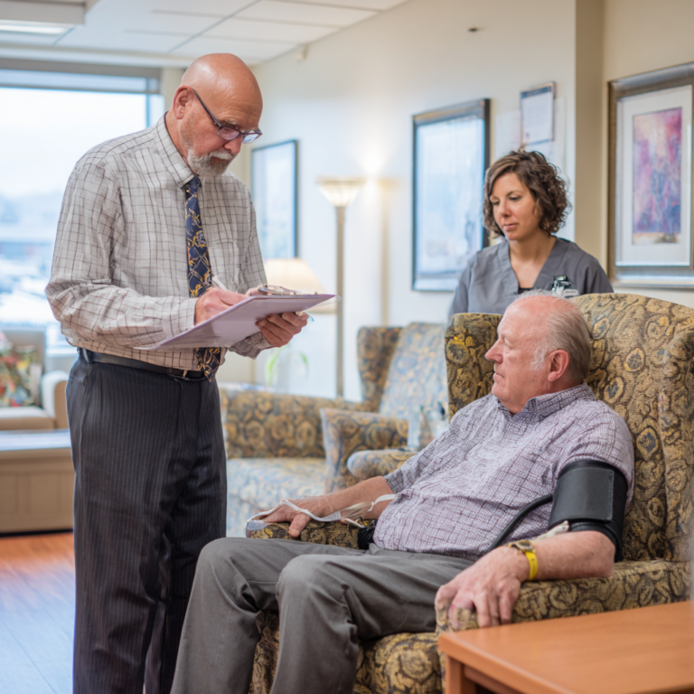 A doctor is speaking to a seated patient who is getting their blood pressure taken.