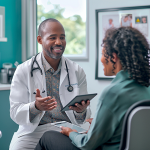 A doctor speaking with a patient with a tablet between them.